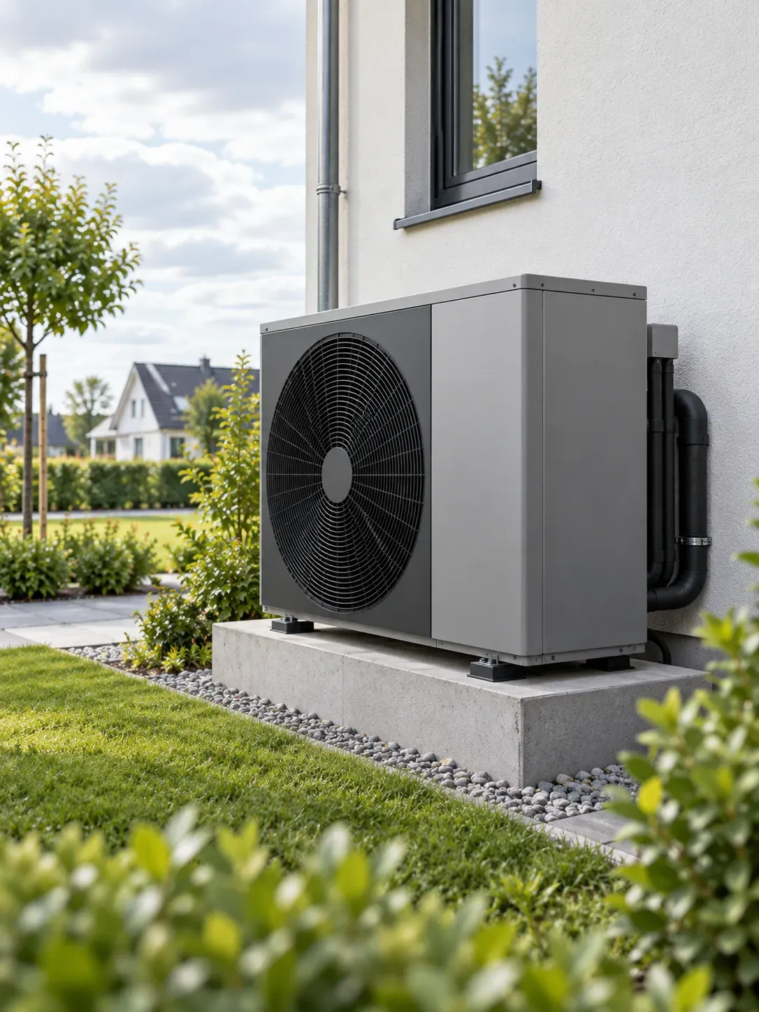 Moderne Luft-Wärmepumpe auf einem Betonsockel neben einem Wohnhaus